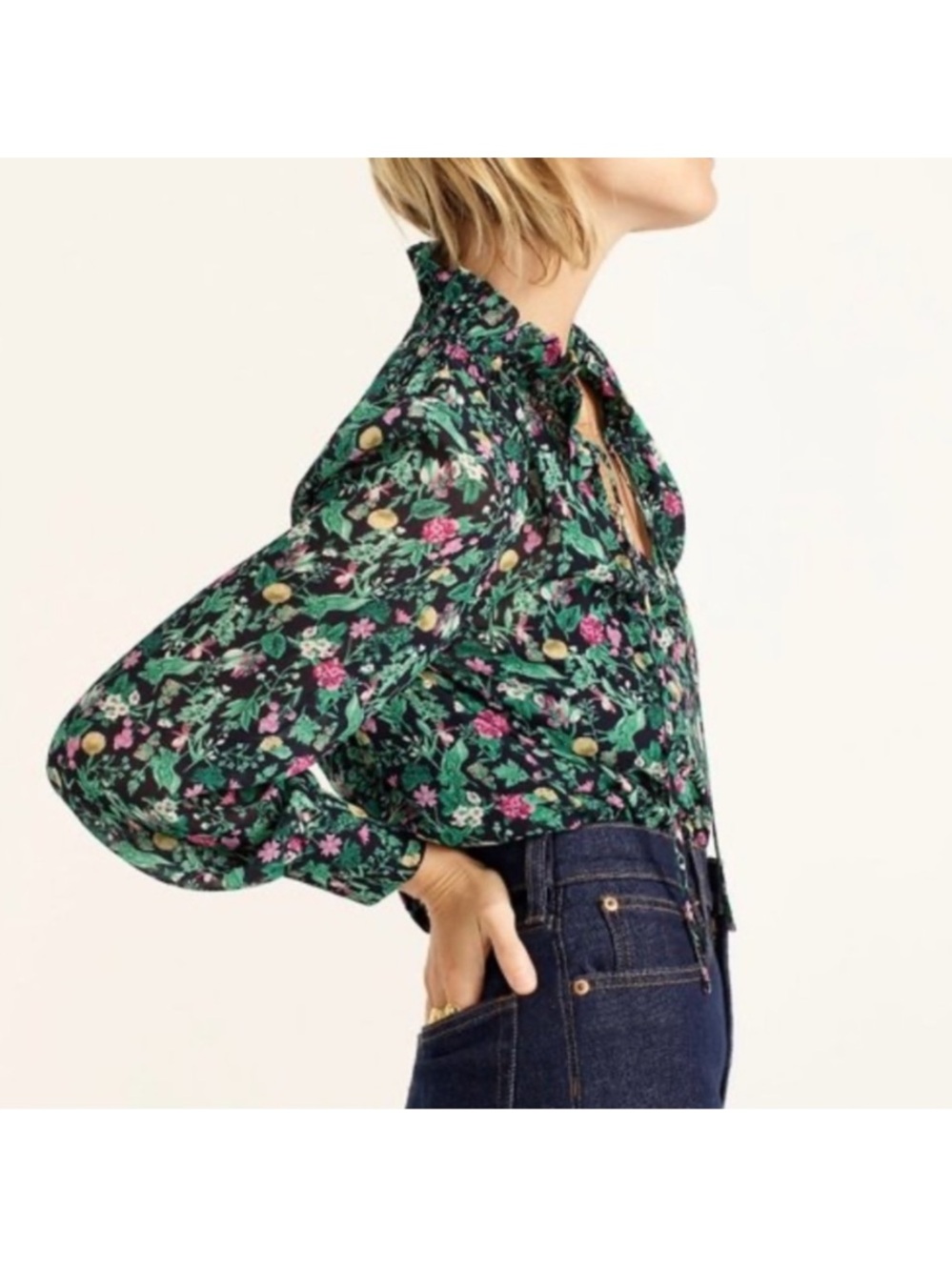J. Crew Drapey Tie-neck Ruffle Top Winter Garden Floral xxs fairy